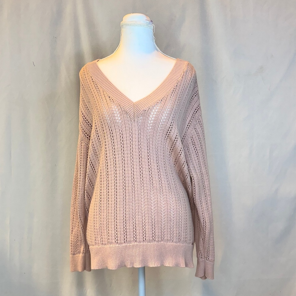 Calvin Klein Womens L Sweater Pink Pointelle Knit V-Neck Lightweight Cotton
